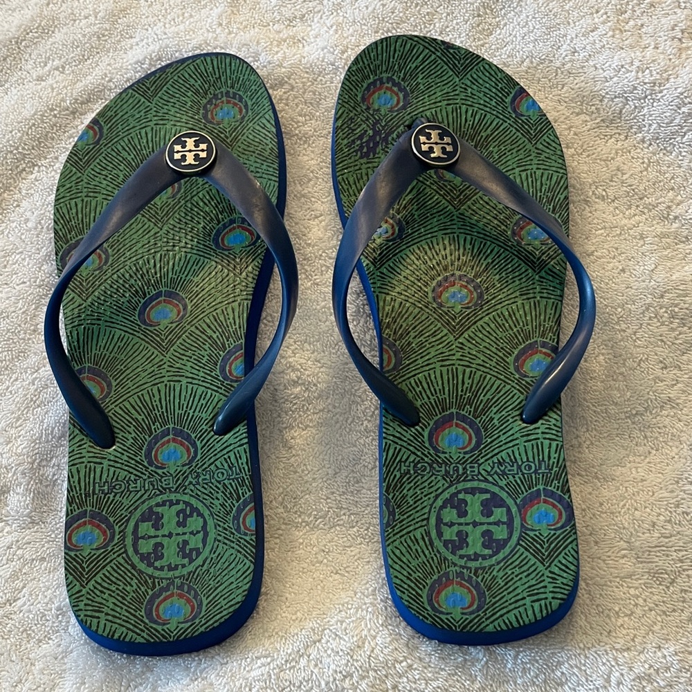 Tory Burch Peacock Pattern Flip Flops